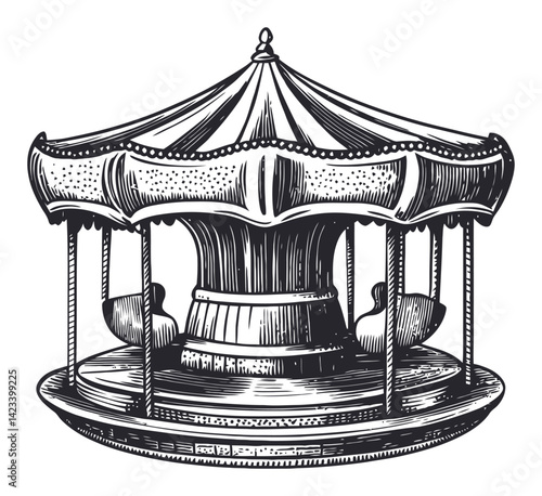 Vintage Engraving of a Classic Carousel with Decorative Canopy