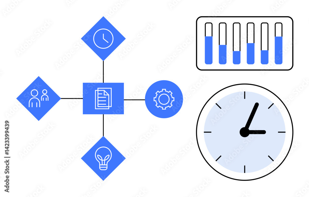 Clock, chart, process flow icons highlight task prioritization, resource optimization, teamwork. Ideal for productivity, workflow, time management, planning analytics operations simple landing Clock, chart, process flow icons highlight task prioritization, resource optimization, teamwork. Ideal for productivity, workflow, time management, planning analytics operations simple landing