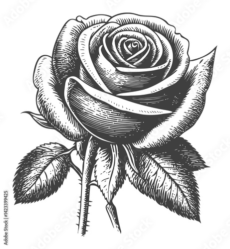 Detailed Black and White Rose Illustration in Linocut Style
