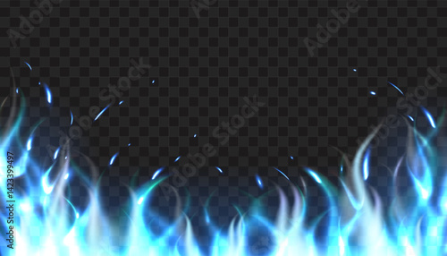 Realistic blue flames on transparent background. Burning fire. Blazing frame. Gas explosion. Fiery shiny border. Heat energy. Hell combustion. Flammable butane ignition. Vector 3D effect