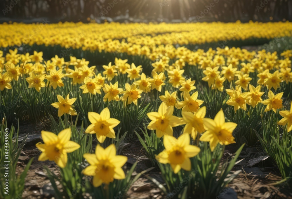 Fototapeta premium Sunlit field of vibrant yellow daffodils, petals gleaming , springtime, sunlight