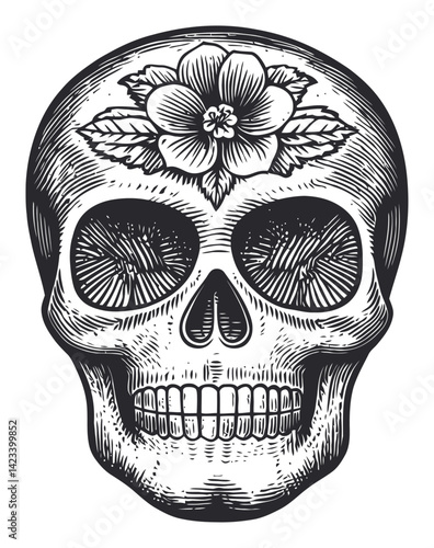 Intricate Engraving of Skull with Floral Decoration in Linocut Style
