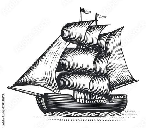 Vintage Ship Illustration in Linocut Style with Detailed Sails