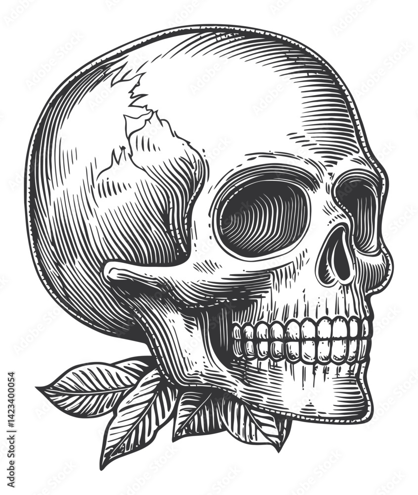 Naklejka premium Detailed Skull Illustration in Linocut Engraving Style