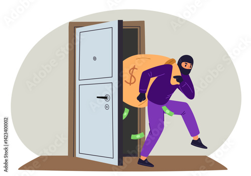 Masked robber flees with bag of money after robbing home. Thief stealing cash. Man sneaking with banknotes sack. Housebreaker crimes. Bandit breaking door lock. Vector burglary concept