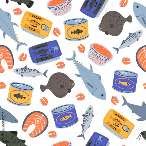 Marine fish products. Canned salmon and caviar seamless pattern. Repeated print. Fresh or preserved food. Flatfish and mackerel. Seafood conservation. Anchovy tin. Vector background