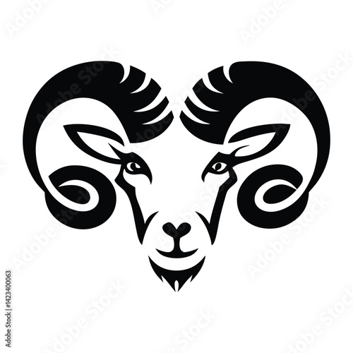 Black and white stylized illustration of a ram's head Logo or silhouette