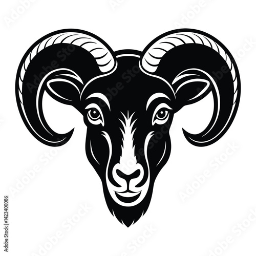 Black and white stylized illustration of a ram's head Logo or silhouette