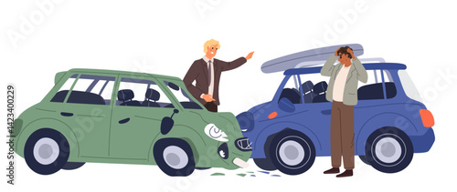 Male drivers squabble near wrecked cars after traffic accident. Vehicles crash. Broken automobiles. Bumpers deformation. Transport road collision. Auto owners quarrel. Vector concept