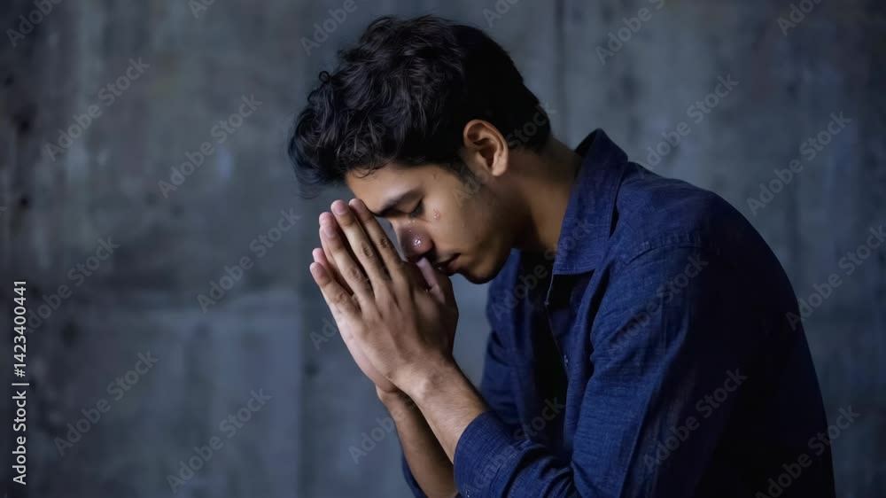 Man in thoughtful pose with hands clasped in a serene setting Man in thoughtful pose with hands clasped in a serene setting