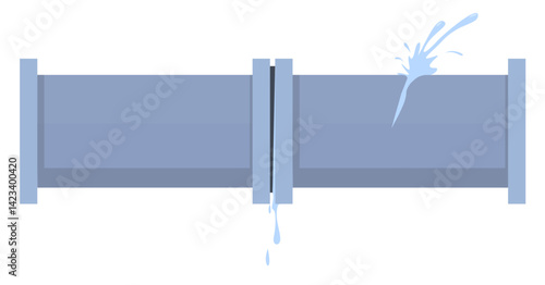 Leaking sewer or water pipe. Aqua droplets escaping from crack in pipeline. Canalization fix. Broken drainage junction. Liquid dripping. Piping conduit. Vector sewerage tubes element