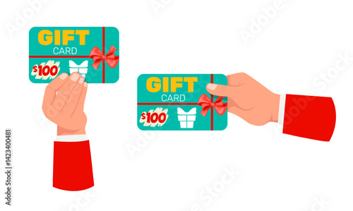Hands with discount cards. Promotion vouchers. Sale or gift coupons. Certificates with present ribbons. Receive or give gesture. Shopping prize. Surprise ticket holding. Vector concept