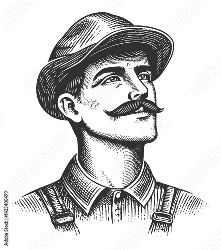 Vintage engraving of a mustached man wearing a hat and suspenders