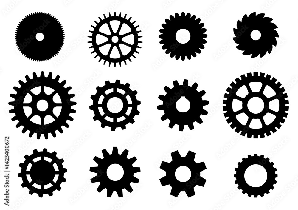 Gears mechanical devices and mechanisms. Silhouette cogwheels. Engineering construction. Mechanism assemble. Industrial equipment. Spinning cog wheel. Vector black flat rotate circles set Gears mechanical devices and mechanisms. Silhouette cogwheels. Engineering construction. Mechanism assemble. Industrial equipment. Spinning cog wheel. Vector black flat rotate circles set