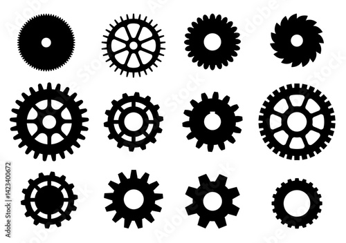 Gears mechanical devices and mechanisms. Silhouette cogwheels. Engineering construction. Mechanism assemble. Industrial equipment. Spinning cog wheel. Vector black flat rotate circles set
