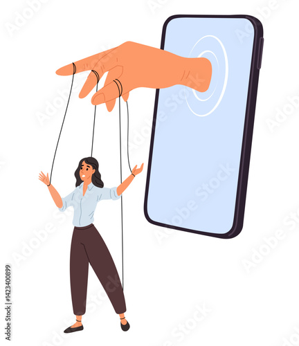 Controlling woman like puppet using social media in cell phone. Marionette victim on threads. Girl depends of electronic device. Smartphone addiction. Manipulators hand. Vector concept