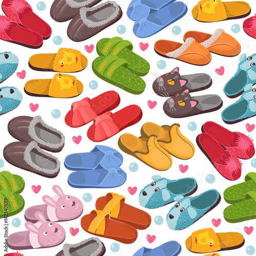 Colorful home footwear seamless pattern. Cozy slippers and flip flops. Repeated print. Domestic clothing. Felt footgear. Comfortable shoes with fur and animal muzzles. Vector background