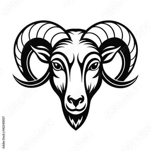Black and white stylized illustration of a ram's head Logo or silhouette