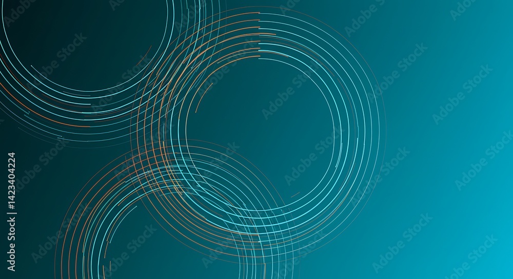 Fototapeta premium Circular Data Flow: Teal & Orange Lines Weaving on Gradient Backdrop, Implies Connectivity & Progress, Creates Modern Tech Feel for Presentations or Websites.
