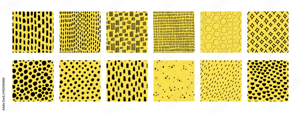 Small dash seamless pattern collection. Set of hand-drawn doodle textures on a yellow background. Cute minimalist textures with stars, lines, circles. Perfect for kids design, fabric, digital paper