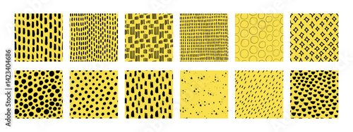 Obraz na płótnie Small dash seamless pattern collection. Set of hand-drawn doodle textures on a yellow background. Cute minimalist textures with stars, lines, circles. Perfect for kids design, fabric, digital paper w salonie