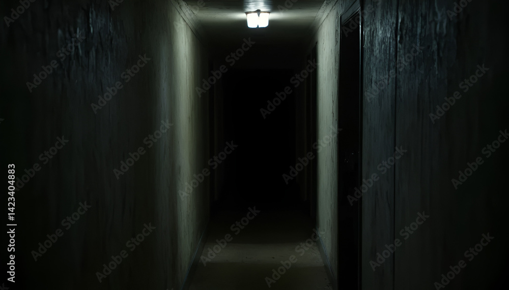 Empty, dimly lit hallway, dark unknown Empty, dimly lit hallway, dark unknown
