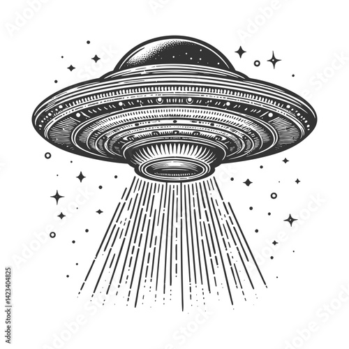 UFO flying saucer emitting a powerful beam of light, blending retro sci-fi with a mysterious extraterrestrial theme sketch engraving generative ai vector illustration. Scratch board. Black and white.