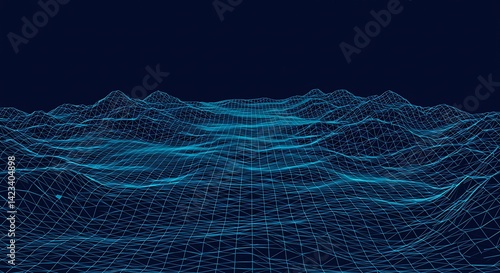 Abstract Wireframe Landscape Visualization: Network Grid Topology Forming Mountain Terrain, Modern Blue Lines Against a Deep Midnight Blue Backdrop, Digital and Futuristic Design