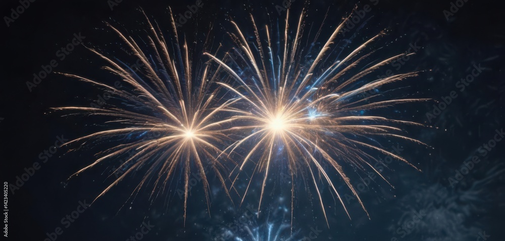 Fototapeta premium Vibrant blue fireworks exploding in dark, starlit sky Isolated , glitter, image, powerful