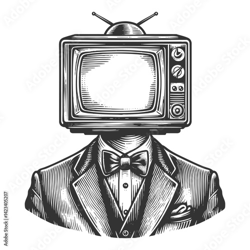 man in a suit with an old-fashioned television set as his head, symbolizing media influence sketch engraving generative ai vector illustration. Scratch board imitation. Black and white image.