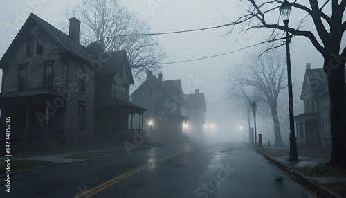 Foggy, spooky street lined with old houses