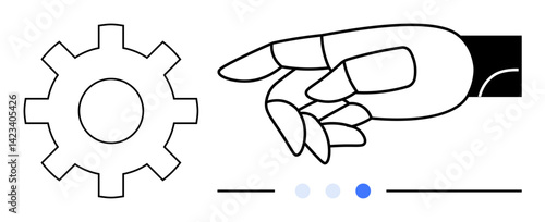 Robotic hand pointing at gear surrounded by minimal lines and dots. Ideal for AI, automation, robotics, engineering, innovation, technological development, simple landing page
