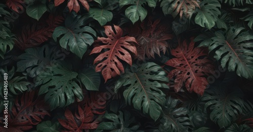 Lush, dark green & crimson tropical leaves, intricate pattern , background, exotic plants, exotic