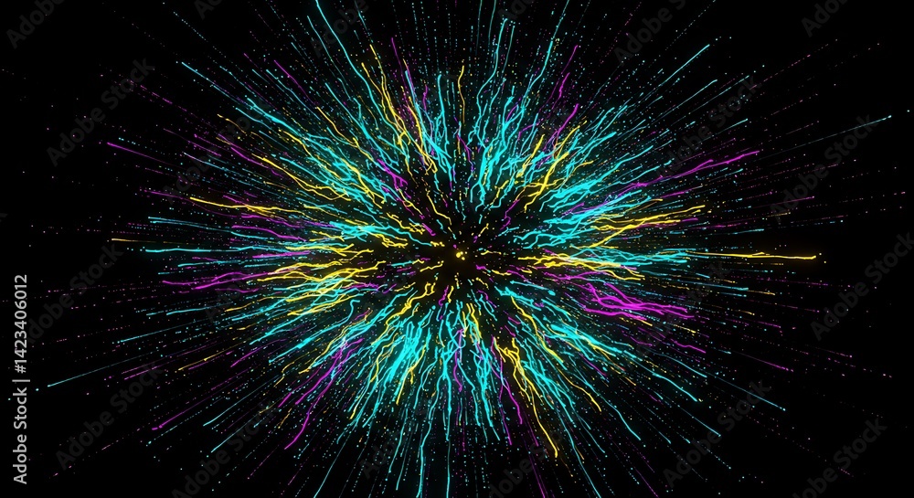 Exploding Data Stream: Cyan, Yellow, & Magenta Light Rays Bursting Outward Against a Black Backdrop - Illustrative Digital Art, Visualization of High-Speed Data Flow in Cyberspace Exploding Data Stream: Cyan, Yellow, & Magenta Light Rays Bursting Outward Against a Black Backdrop - Illustrative Digital Art, Visualization of High-Speed Data Flow in Cyberspace