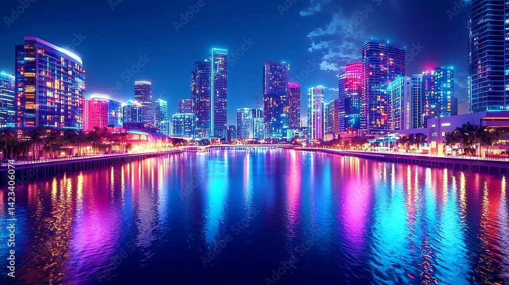 Fototapeta premium Neon Metropolis Reflections: A Vibrant Cityscape at Night with Water Reflection
