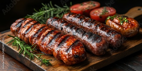Wallpaper Mural Grilled sausages and tomatoes served on a wooden platter with herbs in an outdoor setting Torontodigital.ca