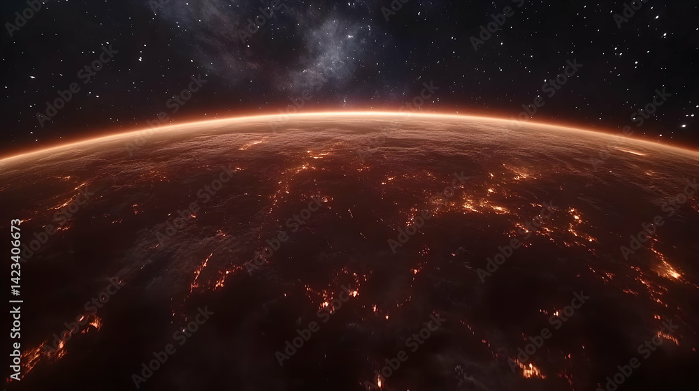 Fototapeta premium Night View of Planet Earth from Space Showing City Lights and Fire