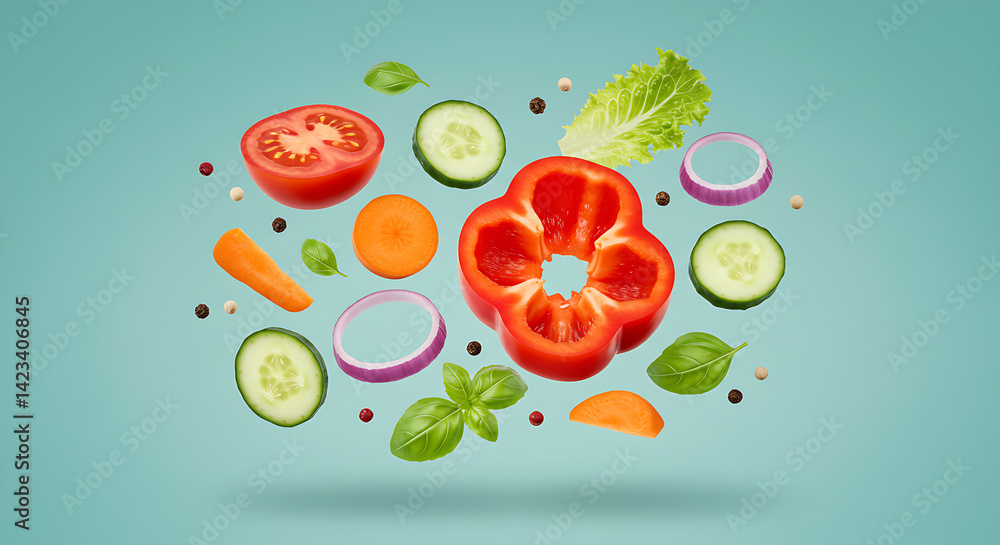 Various ripe vegetables levitating in the air over blue background. Fresh bell-pepper, lettuce, carrot, tomatoe, basil leaves, cucumber, onion, peas floating up, healthy recipes for summer concept Various ripe vegetables levitating in the air over blue background. Fresh bell-pepper, lettuce, carrot, tomatoe, basil leaves, cucumber, onion, peas floating up, healthy recipes for summer concept