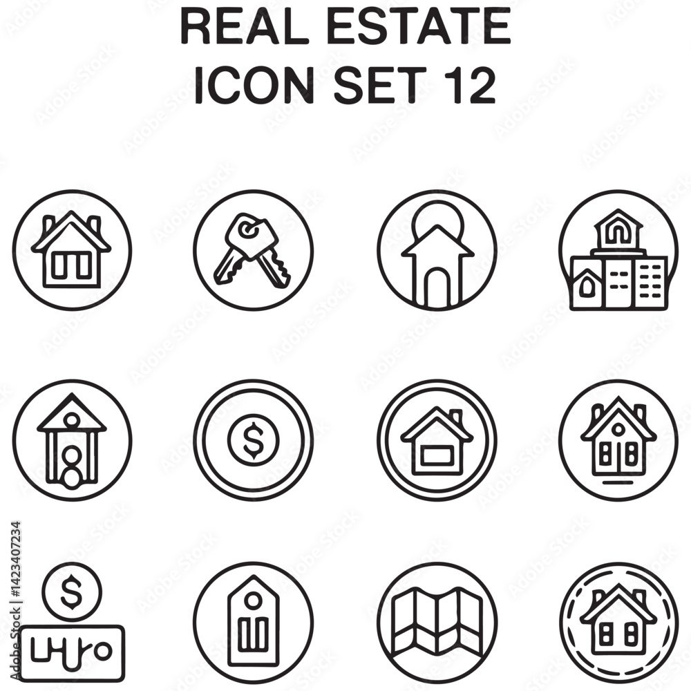 Real Estate Line black Icon Set. A comprehensive collection of stylish and professional icons designed for the real estate industry, perfect for enhancing property listings, websites, Real Estate Line black Icon Set. A comprehensive collection of stylish and professional icons designed for the real estate industry, perfect for enhancing property listings, websites,