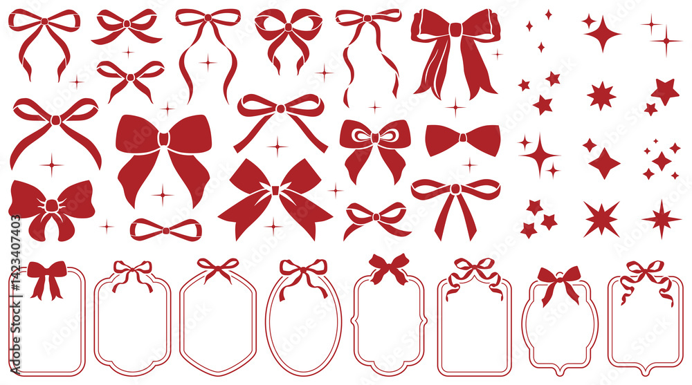 Simple hand drawn red ribbon bows and frames. Bowknot for decoration, big set of bowtie. Large retro hand drawn ribbon illustration set. Set of various cartoon bow knots, gift ribbons. Scarlet red set Simple hand drawn red ribbon bows and frames. Bowknot for decoration, big set of bowtie. Large retro hand drawn ribbon illustration set. Set of various cartoon bow knots, gift ribbons. Scarlet red set
