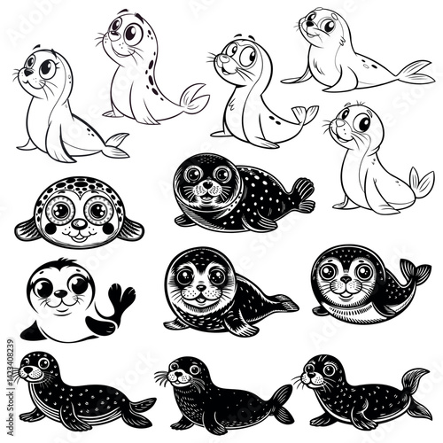 
set of cartoon vector sea lions