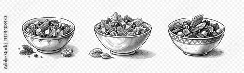Set of Hand-Drawn Style Vector Illustration of a Fresh Salad Bowl