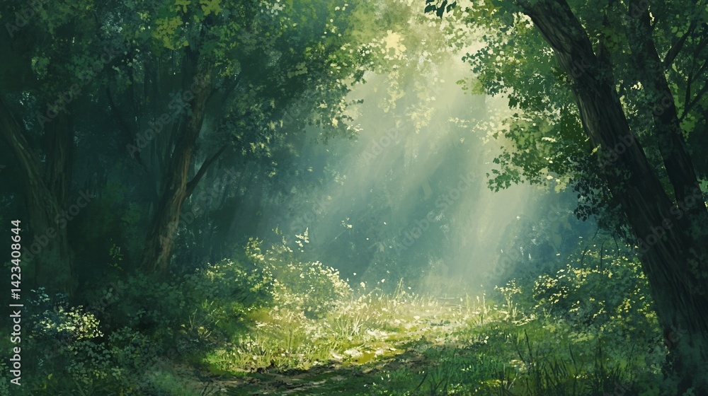 Fototapeta premium Serene forest pathway bathed in sunbeams, creating a calming natural scene