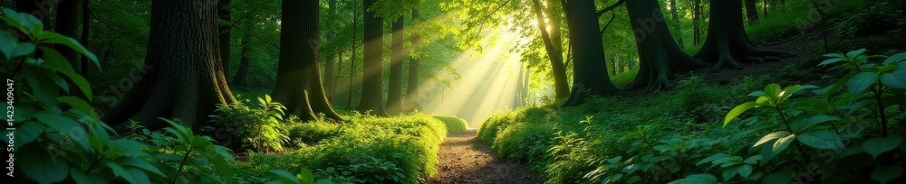 Fototapeta premium Overgrown path narrows to a sun-dappled keyhole forest opening , peaceful, tranquil