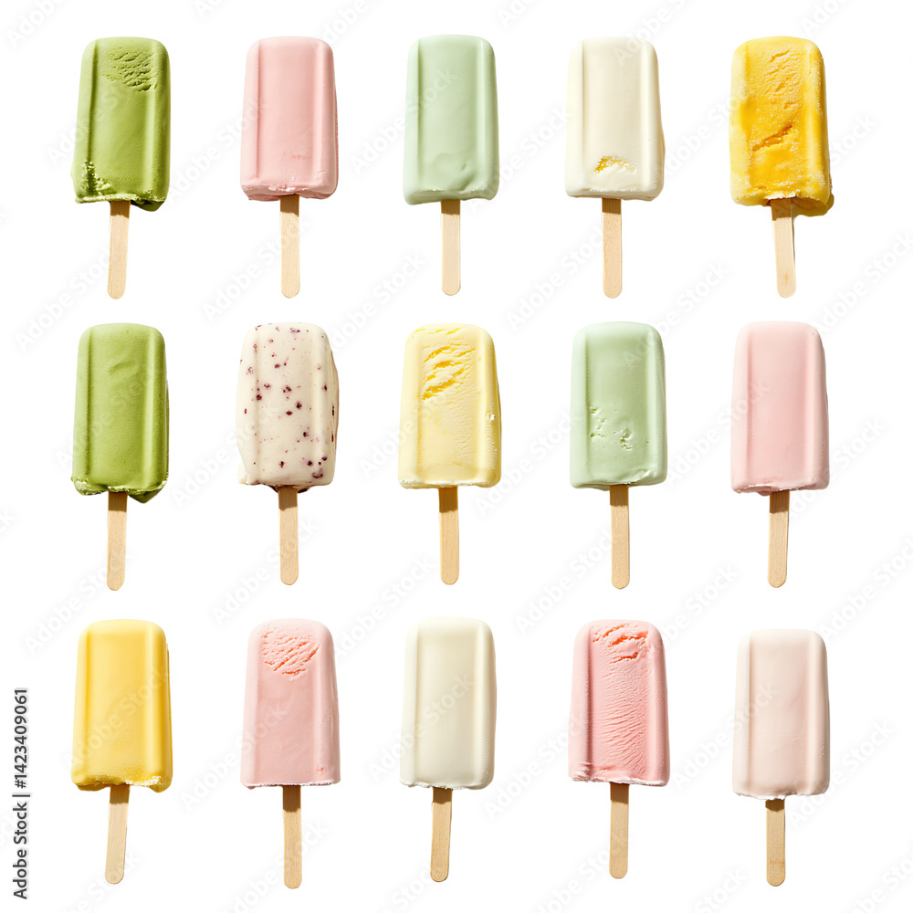 Top view of ice cream in different colors and flavors, on a template background PNG Top view of ice cream in different colors and flavors, on a template background PNG