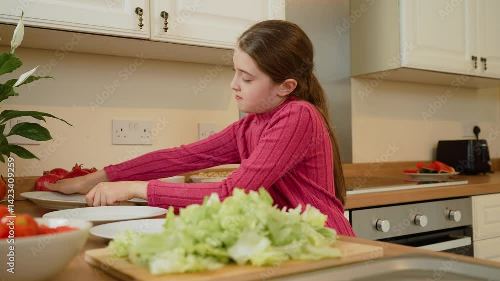 Girl arranging lettuce on plate. Kid organizing fresh greens for meal. Child preparing salad with leafy vegetables Girl arranging lettuce on plate. Kid organizing fresh greens for meal. Child preparing salad with leafy vegetables