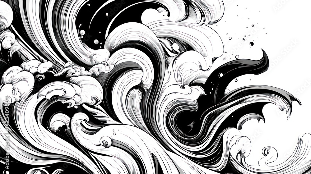 Fototapeta premium Abstract swirling waves, digital art, white background, design element