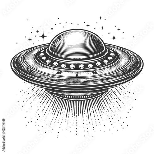 UFO flying saucer emitting a powerful beam of light, blending retro sci-fi with a mysterious extraterrestrial theme sketch engraving generative ai vector illustration. Scratch board. Black and white.