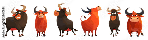 bulls cartoon set. black red bull, cow beson funny amusing kind proud displeased surprised domestic horned large character vector illustration