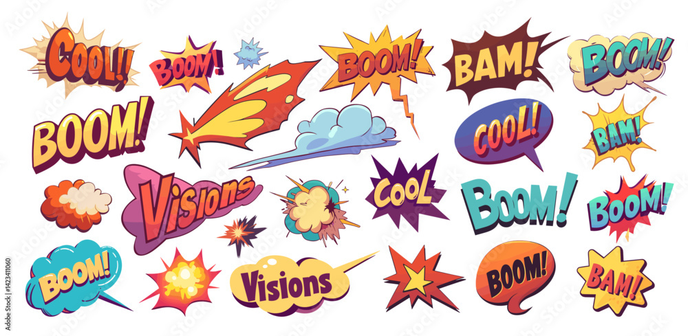 Obraz premium comic speech bubbles. boom cool visions explosion cloud set, retro comics pop art humor message sticker element design vector illustration